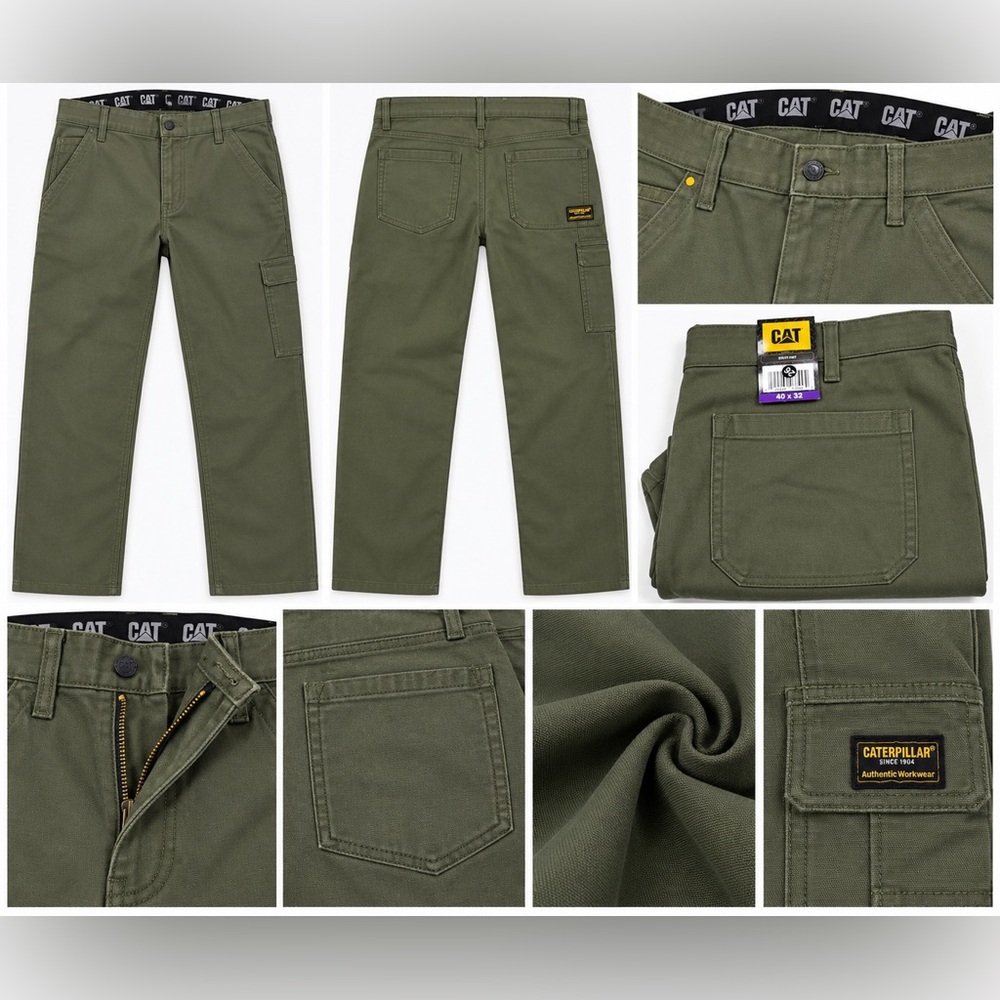 Caterpillar CAT Mens Utility Work Pants Olive Green Canvas Cargo 40x32 NWT